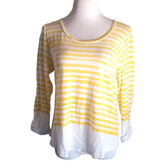 Talbots Striped Yellow White Linen Blend Top Blouse Women's Size Large - Picture 1 of 9